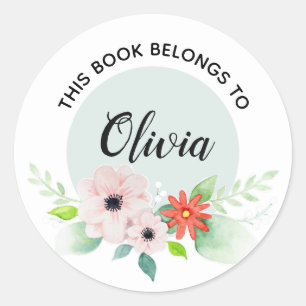 Girls Floral 'This Book gehört Blume und Name Runder Aufkleber
