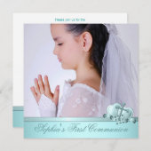 Girls Foto Aquamarin Blue Erste Kommunion Einladun Einladung (Vorne/Hinten)