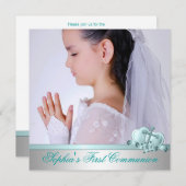 Girls Foto Aquamarin Blue First Communation Einladung (Vorne/Hinten)
