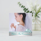 Girls Foto Aquamarin Blue First Communation Einladung (Stehend Vorderseite)