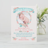 Girls Foto Boho Feather Wreath Birth Ankündigung (Stehend Vorderseite)