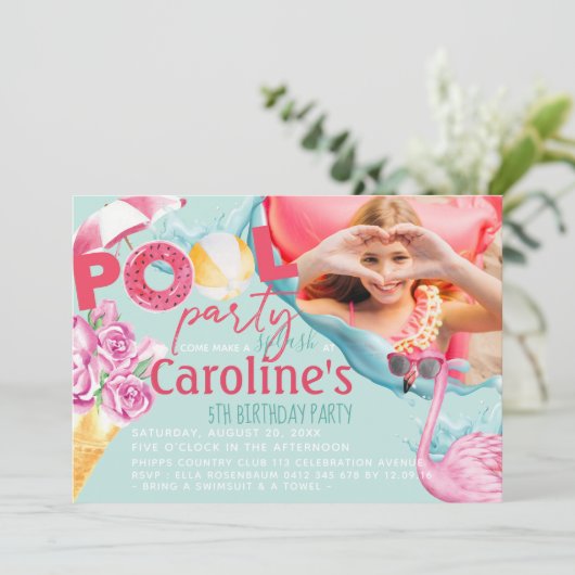 Girls Foto Pool Party Geburtstag Einladung (Stehend Vorderseite)