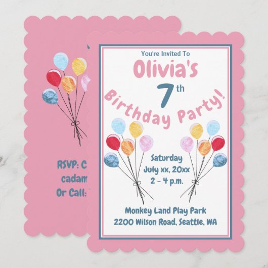 Girls Geburtstagsparty Pink Balloons Einladung (Vorne/Hinten)