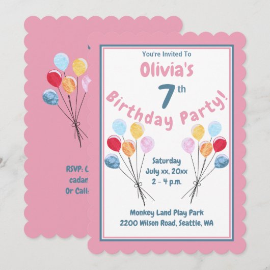 Girls Geburtstagsparty Pink Balloons Einladung (Vorne/Hinten)