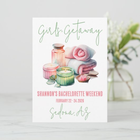 Girls’ Getaway, Wellness-Center, Bachelorette Week Einladung (Stehend Vorderseite)