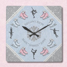 Girls Glitter Ice Rink Figure Skater Clock Quadratische Wanduhr