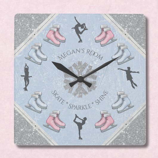 Girls Glitter Ice Rink Figure Skater Clock Quadratische Wanduhr