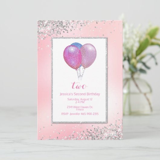 Girls Glittery Balloons Geburtstag Einladung (Stehend Vorderseite)