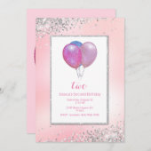Girls Glittery Balloons Geburtstag Einladung (Vorne/Hinten)
