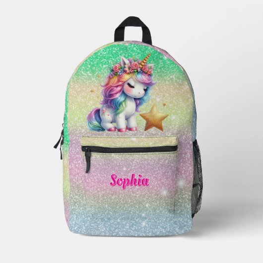 Girls Glitzer Einhorn Zauberstar Bedruckter Rucksack (Vorderseite)