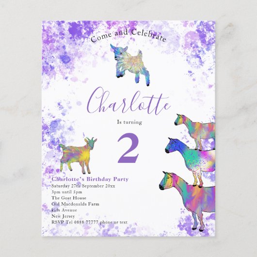 Girls Goat Birthday Party Lila Budget Flyer (Vorne)