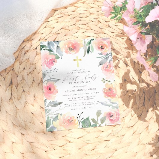 Girl's Gold Cross Rosa Floral First Heilige Kommun Einladungspostkarte