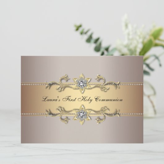 Girls Gold Erste heilige Kommunion Einladung (Stehend Vorderseite)