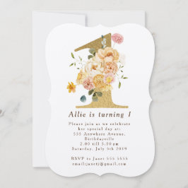 Girls Gold Floral 1. Geburtstag Party Einladung