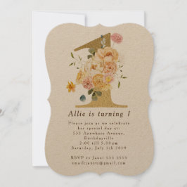 Girls Gold Floral 1. Geburtstag Party Einladung
