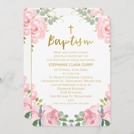 Girls Gold Pink Foto Taufe Einladung (Vorne/Hinten)