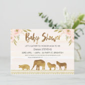 Girls Gold Safari Animals Kinderdusche Einladung (Stehend Vorderseite)