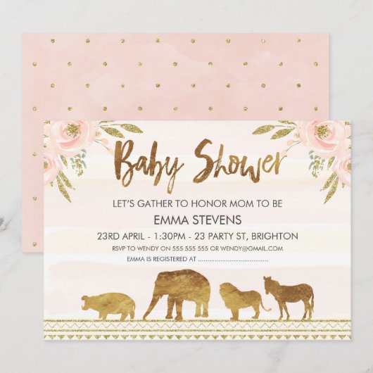 Girls Gold Safari Animals Kinderdusche Einladung (Vorne/Hinten)