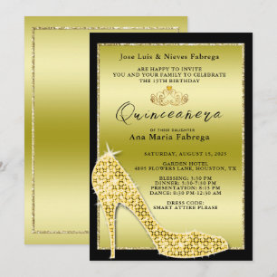 Girl's Gold Stiletto Quinceañera Geburtstagsparty Einladung