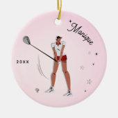 Girl's Golf Golfer Silhouette Pink Kid's Name Year Keramik Ornament (Vorne)