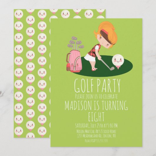 Girls Golf Niedliche Geburtstag Party Einladung (Vorne/Hinten)