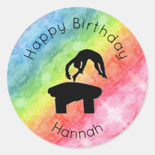 Girls Gymnastics Vault "Happy Birthday" Regenbogen Runder Aufkleber