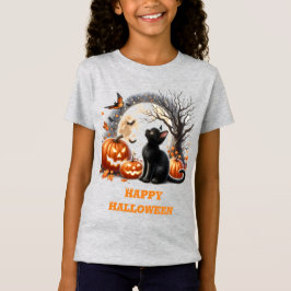 Girls Halloween Black Cat Gray Crewneck T - Shirt