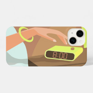 Girls hand pushing on alarm clock snooze button iPhone 14 hülle