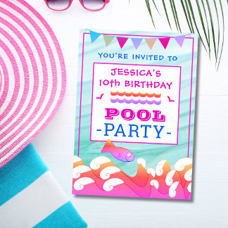 Girl's Happy Fish Pool Party Geburtstag Einladung