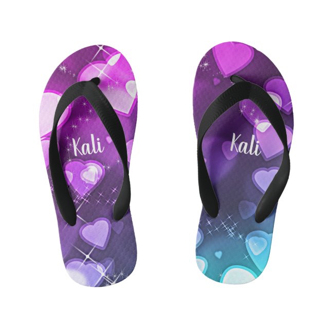 Girls Hearts & Glitzern Personalisiert Kinderbadesandalen (Fußbett)