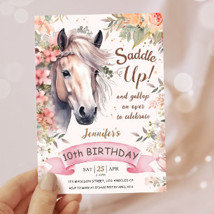 Girls Horse 10. Geburtstag floraler Wildsattel Einladung