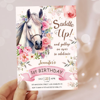 Girls Horse 1. Geburtstag Bloom Blume satteln! Einladung