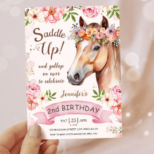 Girls Horse 2. Geburtstag florale Sattel Up! Einladung