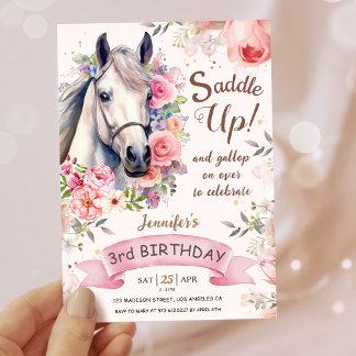 Girls Horse 3. Geburtstag Bloom Blume satteln! Einladung