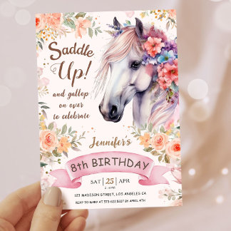 Girls Horse 8. Geburtstag Pink Blume satteln! Einladung