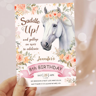 Girls Horse 8. Geburtstag Rosa Blumensattel Einladung