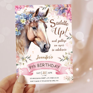 Girls Horse 9. Geburtstag floraler Sattel Up! Einladung