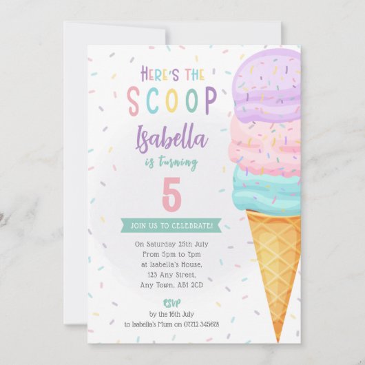 Girls Ice Cream Cone Einladung - Lila Rosa Schotte (Vorderseite)