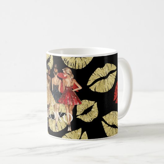 Girls in Glam Gold Black Red Dresses Lips Kiss Kaffeetasse (VorderseiteRechts)