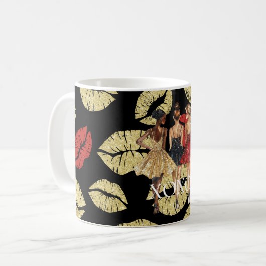 Girls in Glam Gold Black Red Dresses Lips Kiss Kaffeetasse (Vorderseite Links)