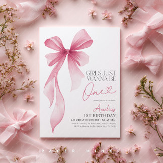 Girls just wanna be ONE! 1st Birthday Pink Bow Einladung