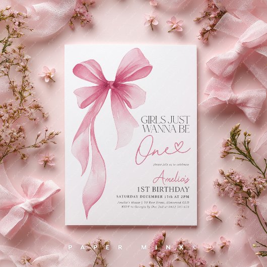 Girls just wanna be ONE! 1st Birthday Pink Bow Einladung