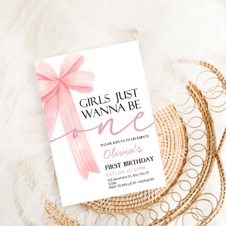 Girls Just Wanna Be One Pink Bow 1st Birthday Einladung