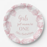 Girls just wanna be One Pink Bow  Pappteller<br><div class="desc">Girls just wanna be One Pink Bow Paper Plates
Pink Bow Coquette Girl 1st Birthday paper plates - Girls Just Wanna be ONE</div>