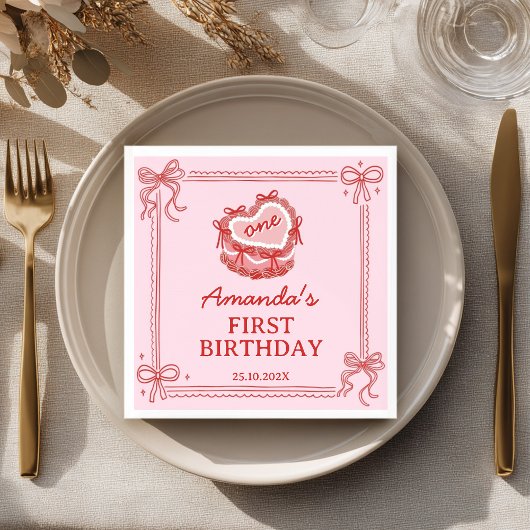 Girls Just Wanna Be One Red Pink Bow Cake Birthday Serviette