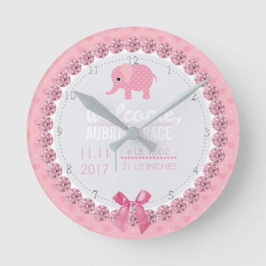 Girls Kinderzimmer Pink Elephant | Geburtsstunde n Runde Wanduhr (Vorderseite)