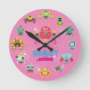 Girls Liebe ROBOTS Pink Funny Cartoon Runde Wanduhr