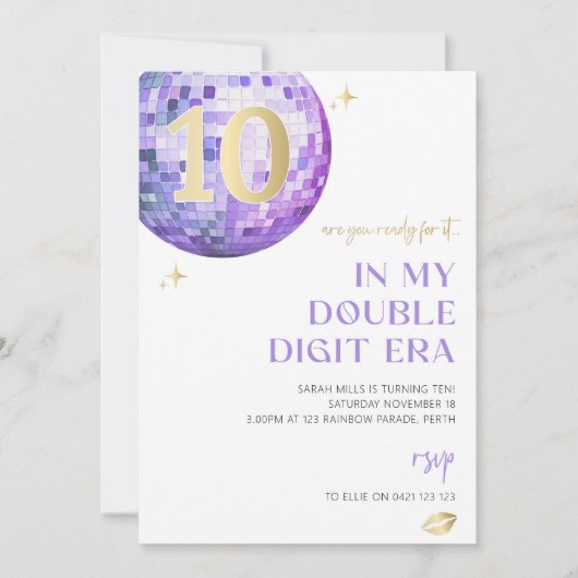 Girls Lila Disco in meiner zweistelligen Geburtsta Einladung (Vorderseite)