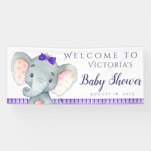 Girls Lila Elephant Baby Shower Banner (Horizontal)