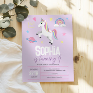 Girls Lila Girly Unicorn Kinder 4. Geburtstag Einladung